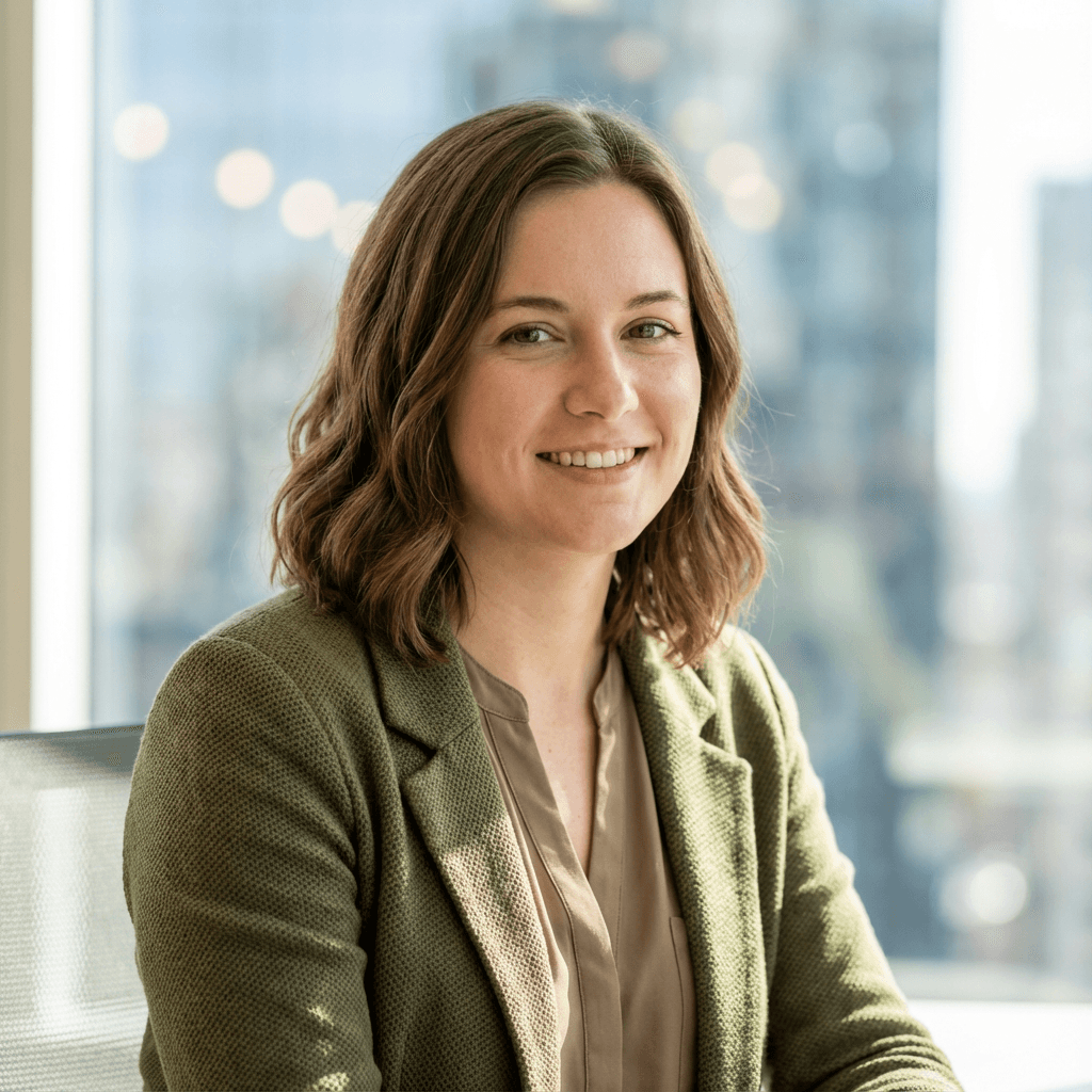 Female office manager in her late 30s, professional headshot
