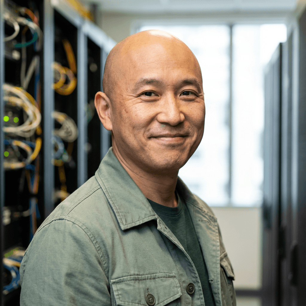 Marcus Chen in business casual attire in a modern office
