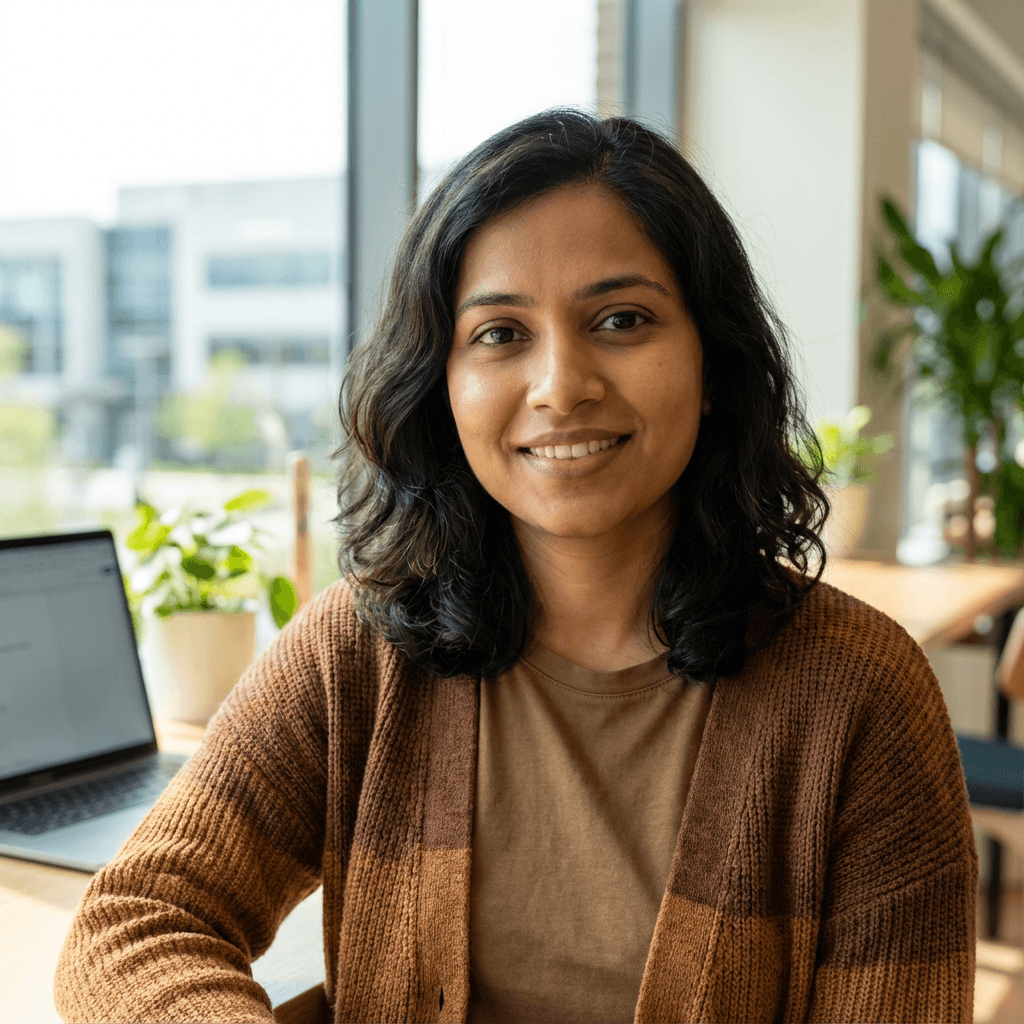 Priya Patel in business casual attire in a modern office