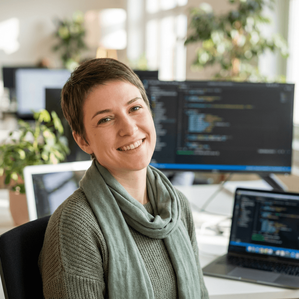 Sarah Mitchell in professional attire in a bright office