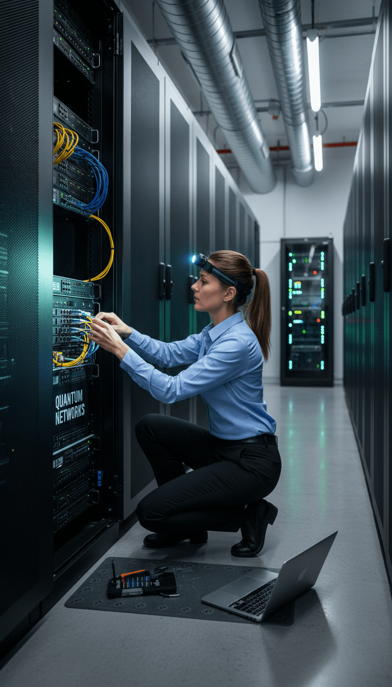 IT technician configuring network equipment in a server room