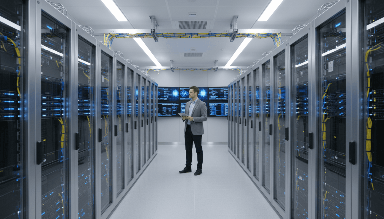 IT professional configuring network server rack