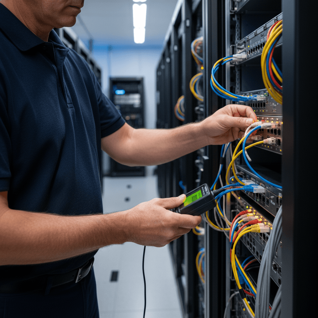 Network technician working on servers in a clean office