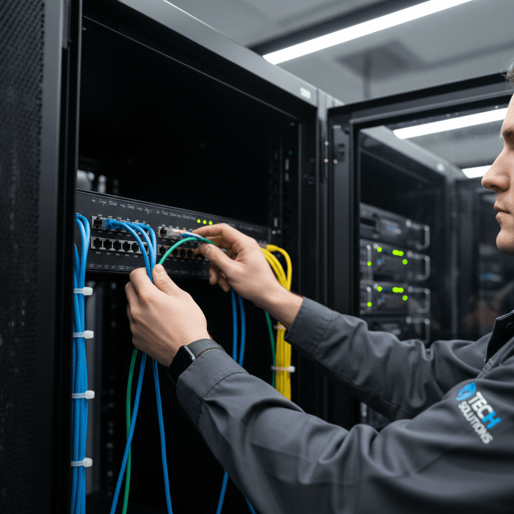IT technician working on network cables in a server room